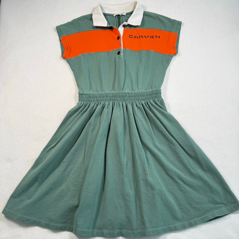 The Carven polo dress elastic waistband orange colorblock stripe size xs
